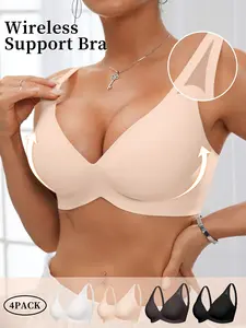 4PCS Simple Daily Seamless Push-Up V-Neck Bra, Wide Straps Hollow Out No Underwire, Women's Jelly Bra, Comfortable and Stylish