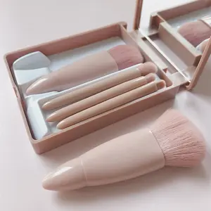 Portable Makeup Brush Set with Mirror, Brush Makeup Kit, 5-Piece Mini Cosmetic Brushes, Travel-Friendly Essential for On-The-Go Touch-Ups