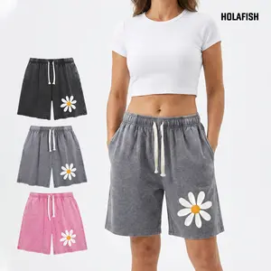 Holafish Women's Oversized Acid Wash Heavyweight Cotton Shorts - Elastic Waist, Vintage Baggy Loose Fit, Streetwear Essential Flat Clothes for Summer Vacation