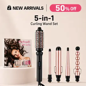 Multi-Curl 5-in-1 Ceramic Curling Wand Set,thermal brush,Interchangeable Ceramic Curling Barrels, Tapered & Bubble Curling Wand, Instant Heat Curling Iron, Blowout Brush Styling Tool for Loose Waves, Tight Curls, Volume, Bangs, curling irons, Gift,summerv