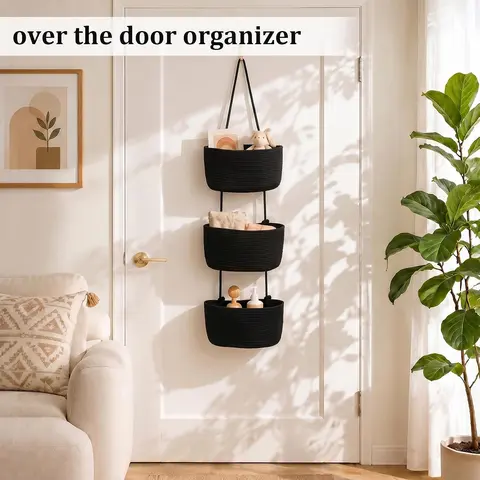 14in 3-Tier Woven Cotton Over-The-Door Hanging Basket Organizer with Handles, Multifunctional Storage for Bathroom Beauty Essentials, Closet