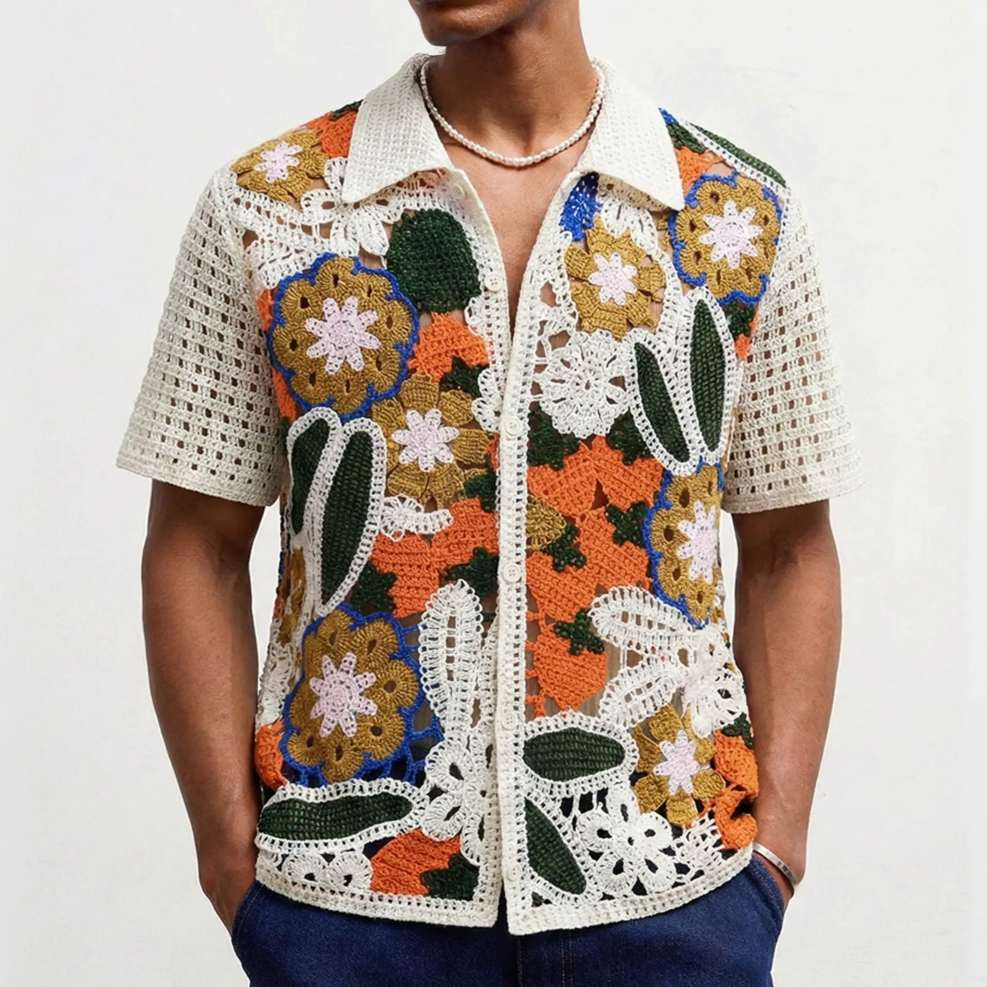 Men's Fitted Retro Cultural Floral Crochet Acrylic Knit Button-Up Shirt - Menswear Fashion Apparel, Short-Sleeve Hollow-Out Openwork Top, Shortsleeve, All Season, Floral Print Style, Outdoor, Outfits Inspo, Apricot, Casual Trendy Shirt
