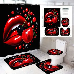 1/4pcs Valentine's Day Red Lips & Cherries Black Shower Curtain Set - 4 Piece Bathroom Set: Shower Curtain, Toilet Seat Cover, 2 Bath Mats, Artistic Bold Red Black Design for Modern Clean Bathroom Decor Bathroom Decoration Accessories
