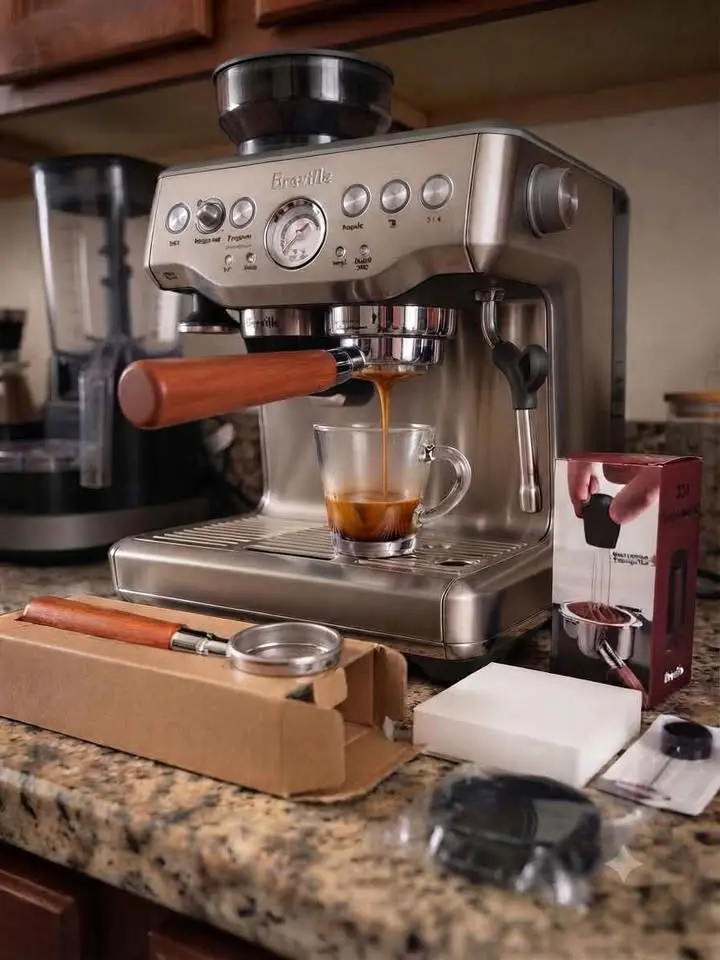 54mm Bottomless Portafilter for Breville – Stainless Steel with Black or Rosewood Handle (Filter Basket Included)
