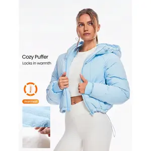 GLOWMODE Cozy Crush Silky Smooth Warm Adjustable Drawstring Hem Hood Fleece Lined Cropped Puffer Jacket Autumn Winter Outdoors Daily Casual Wear