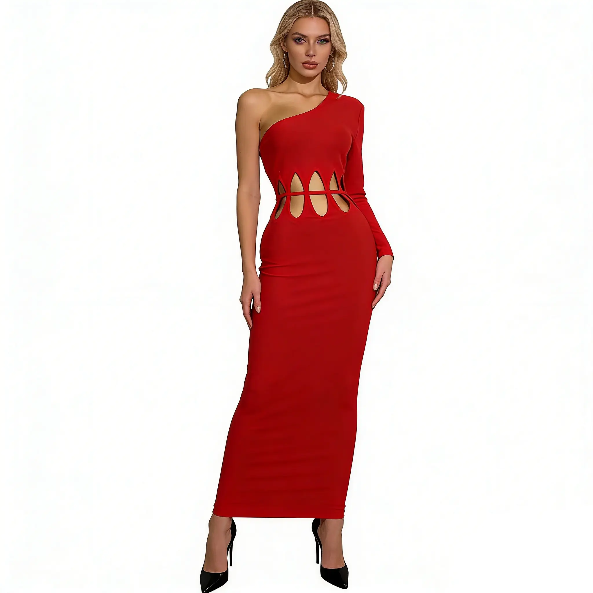 Luxury Red One-Shoulder Bandage Dress with Waist Cutout| XS-L| Formal Event Ready