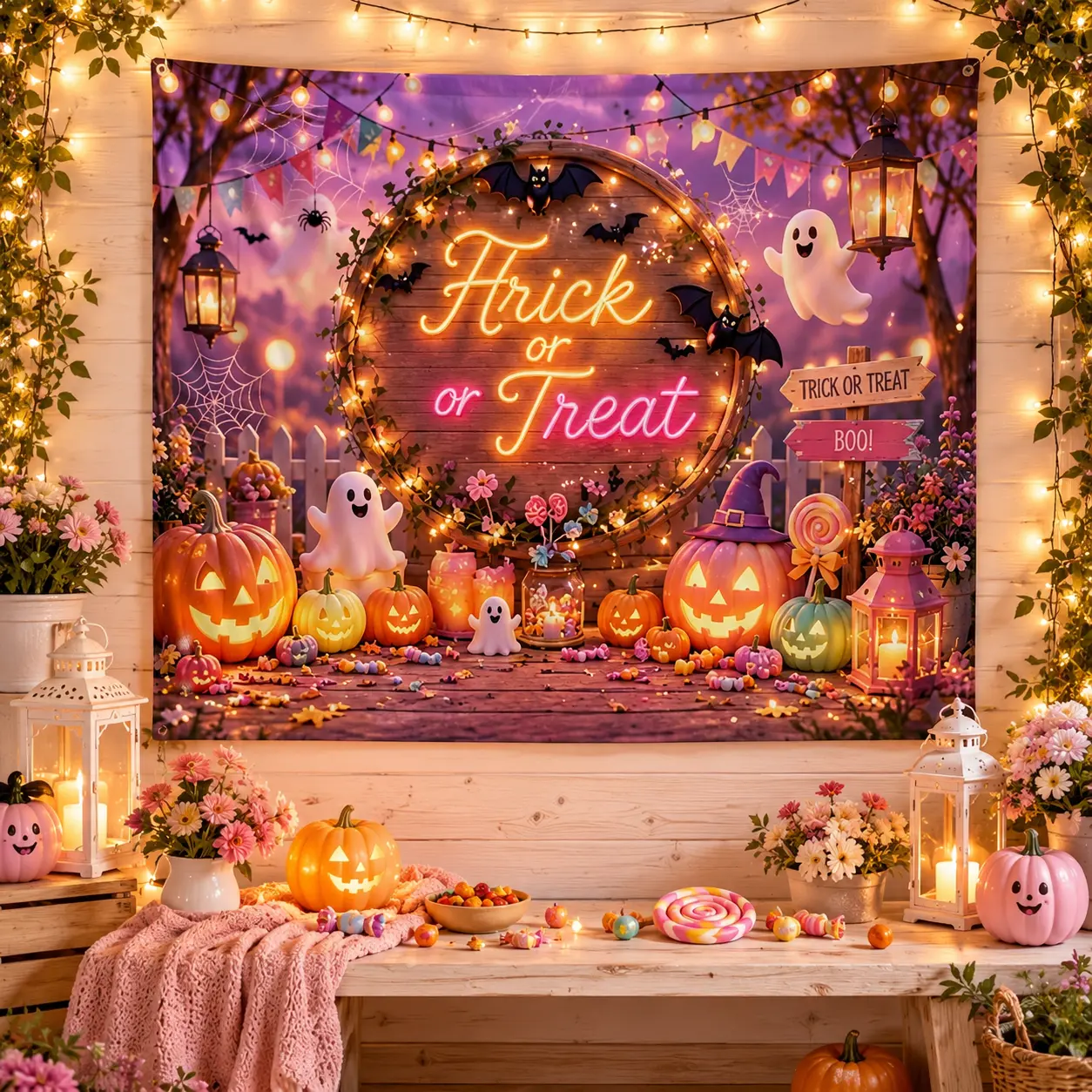 Halloween Porch Print Backdrop, Decor Props Banners with Ghosts and Pumpkins for Photo Booth
