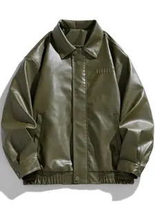 Men's Letters Embossing Lapel Collar Stylish Casual PU Leather Jacket Coats, Long Sleeve, Multi-pocket Street Style Retro Classic Outdoor Sports Jacket, Menswear