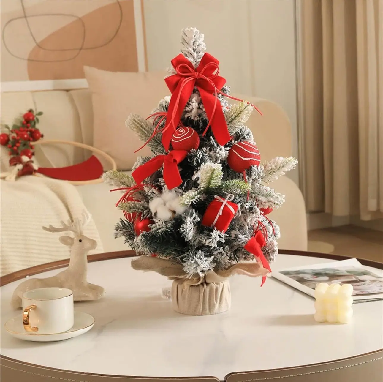 Small Christmas Tree -19.69 inch Mini Tabletop Christmas Tree with Santa Claus LED Lights ,Hanging Oraments,Decorative Bow and Gift Boxes,Christmas Decoration