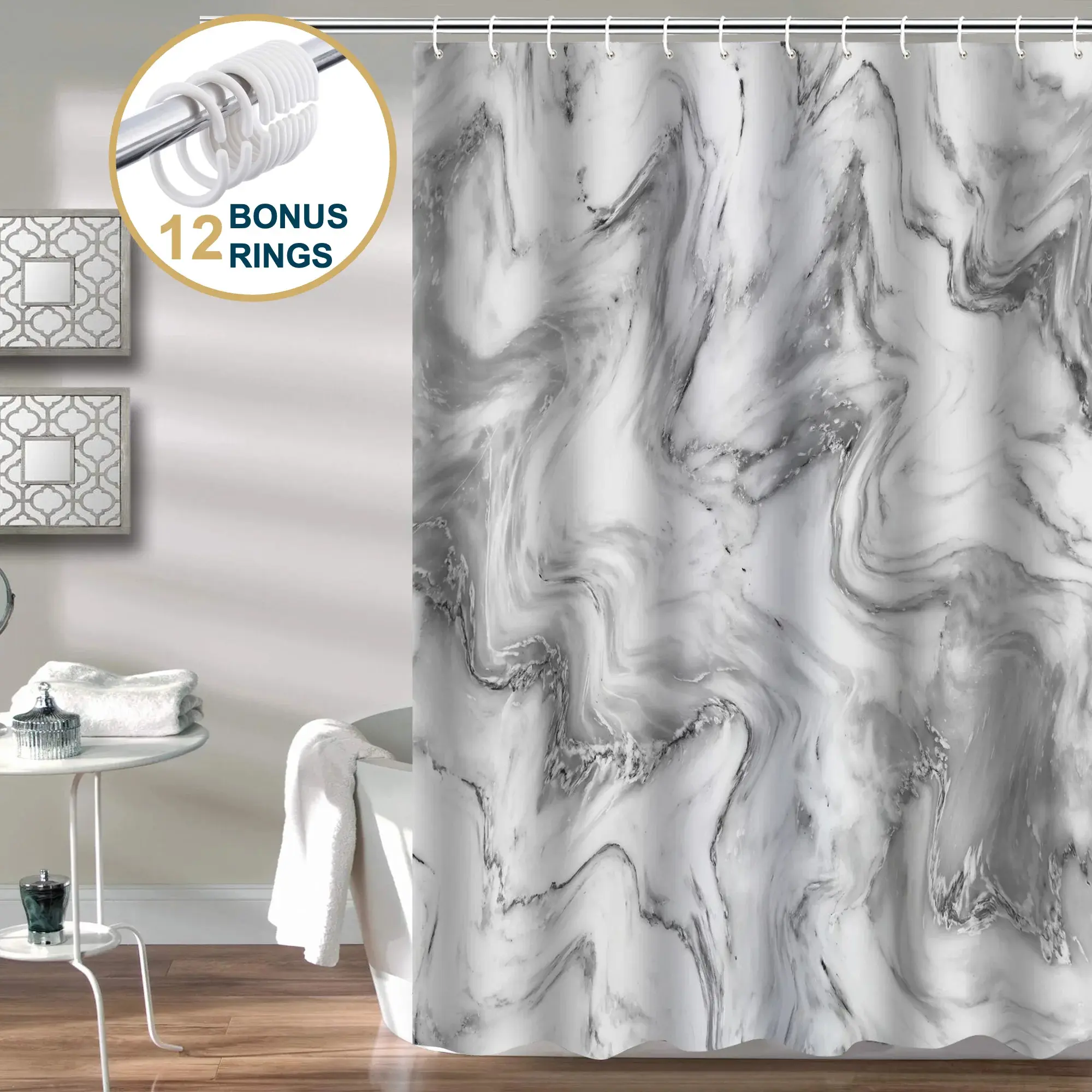 72x72in Heavy-Duty Polyester Shower Curtain with Grommets & Metal Hanging Hooks, Modern Eco-Friendly Family-Safe Bacteria-Free Water-Repellent Fade-Resistant Mildew-Resistant Weighted-Hem Machine-Washable Multi-Color Marble Gray Bathtub Curtain