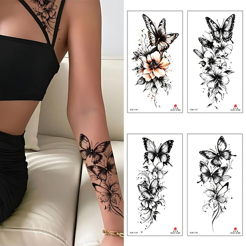 Women's 4-Sheet Floral Temporary Tattoos - Black Butterfly, Rose, Peony, Normal Leaves, Retro Designs, Waterproof Fashion Body Makeup for Hand & Body, Single Sheet Set