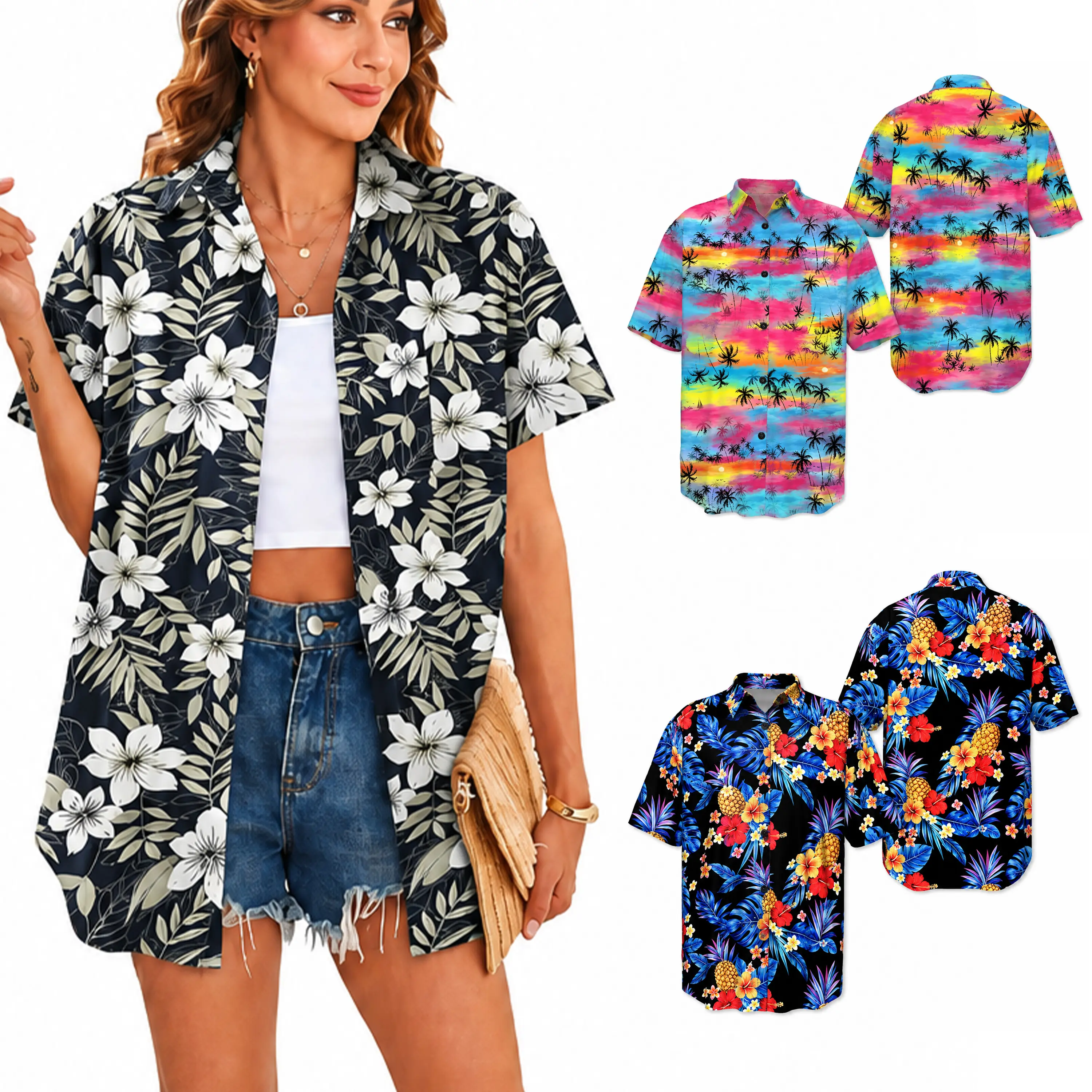 Women's Linen Tropical Floral Hawaiian Beach Blouse - Short-Sleeves, Bohemian Exotic Casual Button-Down Swimwear Resort Top, Lightweight, Colorful Style, Stretch Fabric, Outfits, OOTD Ideas, Island Use, Sizes 2XS-6XL (Ideal for Travel)