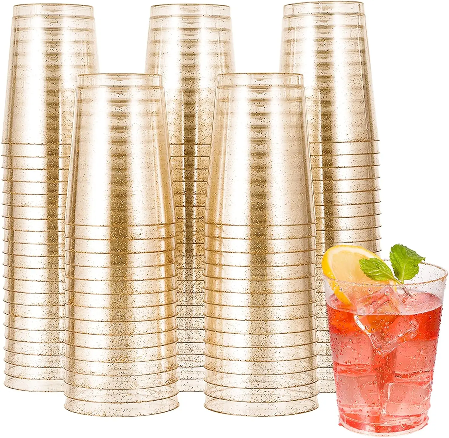 JOLLY CHEF 100 Pack 10 Oz Gold Glitter Disposable Party Tumblers | Gold Glitter Plastic Cups; Ideal for Weddings, Parties & Events; for Cocktails, Wine, Juice & Iced Tea