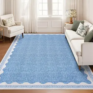 Garvee 5x7 Scalloped Area Rug for Living Room, Washable Non-Slip Solid Blue Low-Pile Carpet, Modern Minimalist Design for Bedroom, Dining, Nursery with Rubber Backing