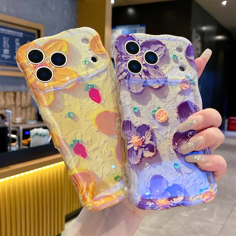 Colorful Oil Painting Floral Case for iPhone 18 Pro Max 17 16 15 14 13 Pro Max, Glossy Iridescent TPU Cover with Wavy Edges, Cute Phone Case for Women Girls