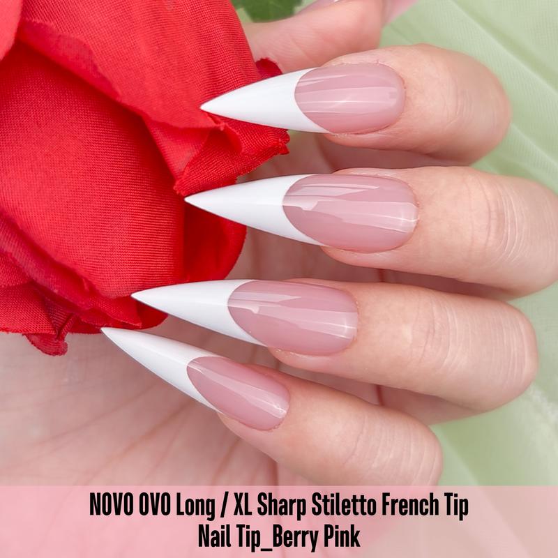NOVO OVO White French Tip Long XL Sharp Stiletto Nail Tips Press on BERRY PINK,Soft Gel Double Matte Fake Nail Extension, Full Cover False Nails for Acrylic DIY x 16 Sizes 160 pcs【 NO GLUE TOP COAT AND LAMP INCLUDED】