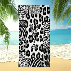 Leopard Print Monogram Beach Towel, Black and White Animal Patchwork Printed Quick-Dry Sand-Free Pool Towel, Soft and Lightweight Swim Towel for Travel, Beach and Camping Use