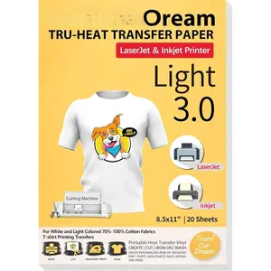 Tru-Heat Transfer Paper for Inkjet & Laserjet Printer (20 Sheets 8.5x11, 3.0) Printable HTV Heat Transfer Vinyl for T Shirts Iron on Transfers for Light Fabrics (TRANS-L3-1-20)