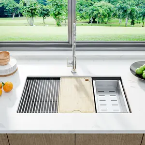 Undermount Workstation Kitchen Sink Bar Basin, Stainless Steel Single / Double Bowl Sink with Soundproof Padding Roll-Up Rack, Bamboo Cutting Board, Scratch-Resistant Finish, Integrated Ledge, Easy Drainage, Includes Accessories