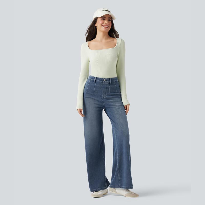 Flex High Waisted Tummy Control Wide Leg Casual Jeans with Pockets