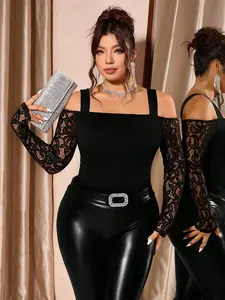 Plus Size Off Shoulder Black Lace Long Sleeve Fitted T Shirt