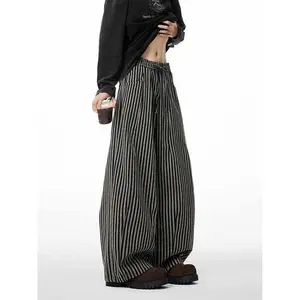Women's Black Gothic Striped Long Pants Baggy Sweatpants Harajuku Y2k Emo Vintage Oversize Trousers Japanese 2000s Style Clothes(Raincoats)