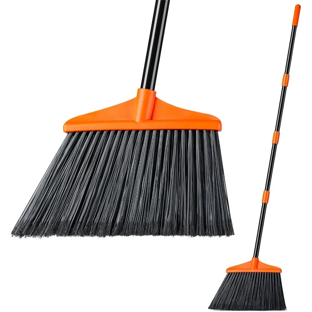 Outdoor/Indoor Heavy Duty Broom, Commercial Broom with 53” Extendable Long Handle, Household Angle Corner Brooms for Patio, Garage, Deck, Lobby, Courtyard Sweeping, Orange