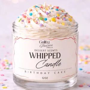 Guilty Pleasure Candle Co. Dessert Scented Whipped Topping Sprinkles 12oz Birthday Cake Aroma Glass Cylinder Candle with Coconut Soy Wax & Organic Cotton Wick