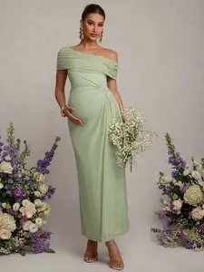 ELARA Clothes Maternity  Dress Summer Pregnant Clothes Green Maternity Dress, High-Elasticity, Off-Shoulder, Gathered, Long Dress