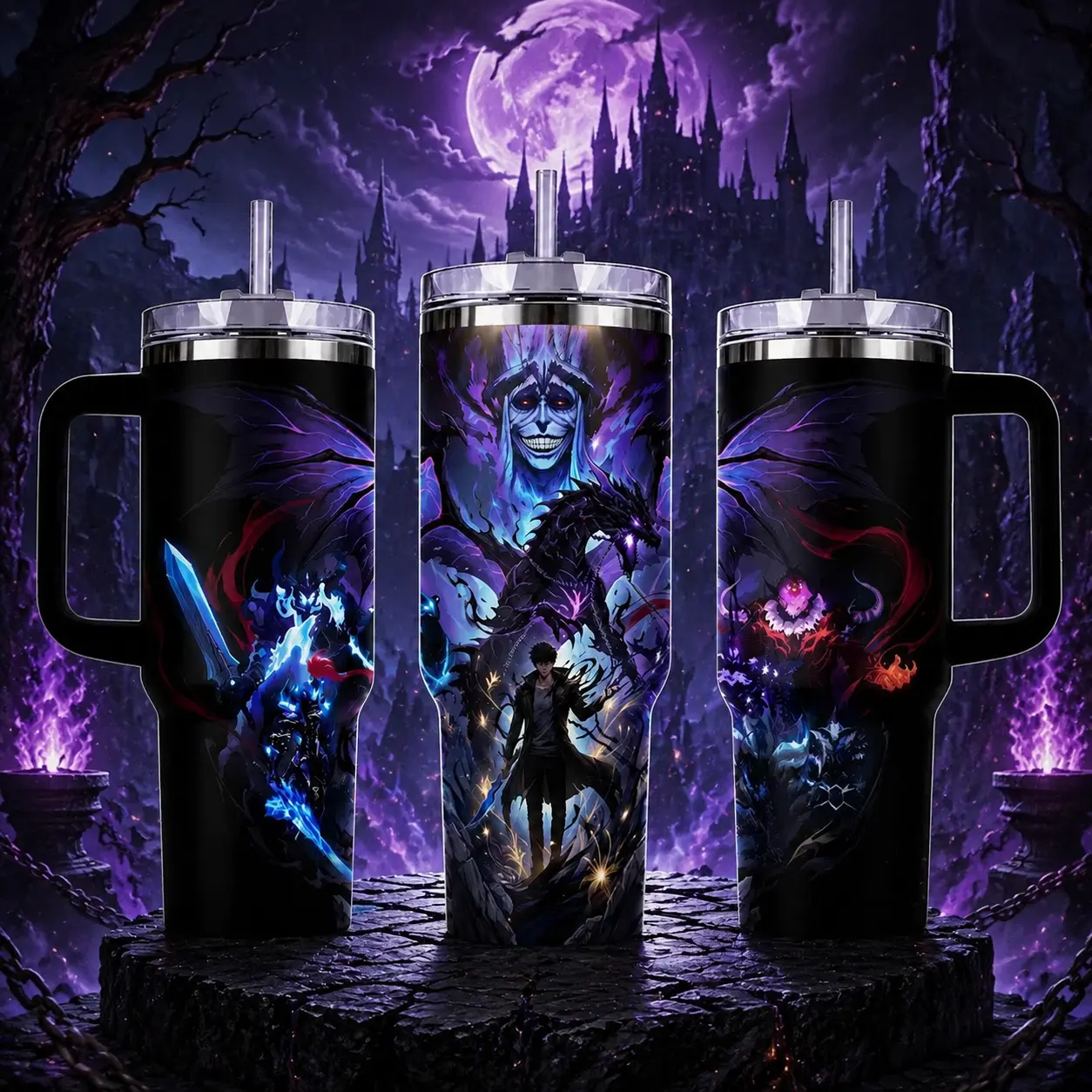 STORMMECH 40oz Handle Tumbler - Solo Leveling SungJinwoo Insulated Stainless Steel Portable Flask with Washable Cover, Vacuum-Sealed Kitchenware Drinkware, Large Iced Coffee Mug, Anime Otaku Gift (Featuring Insulation)