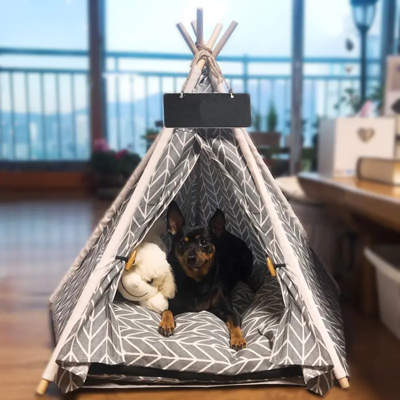 Pet Teepee Canvas Dog House with Cushion