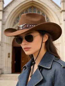 Vintage Western Cowboy Hat, Faux Suede Wide Brim, Bull Head Rivet Belt, Windproof Outdoor Sun Protection Cap, Unisex American Style Jeans Hat