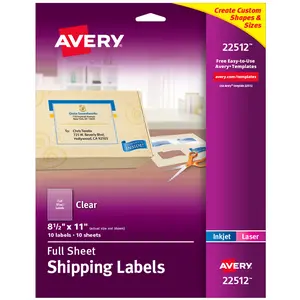 Avery Shipping Labels, 8.5" x 11", Matte Clear Labels, Permanent, Laser/Inkjet, 10 Printable Labels (22512)