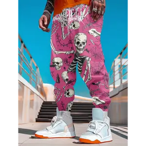 Menswear Casual  Men's Retro Streetwear Cargo Pants - Trendy Loose-Fit, Bright Pink Skull & Spider Web Print, Comfortable Polyester Blend, Machine Washable, Perfect for Spring/Summer Casual Wear, PLUS SIZE