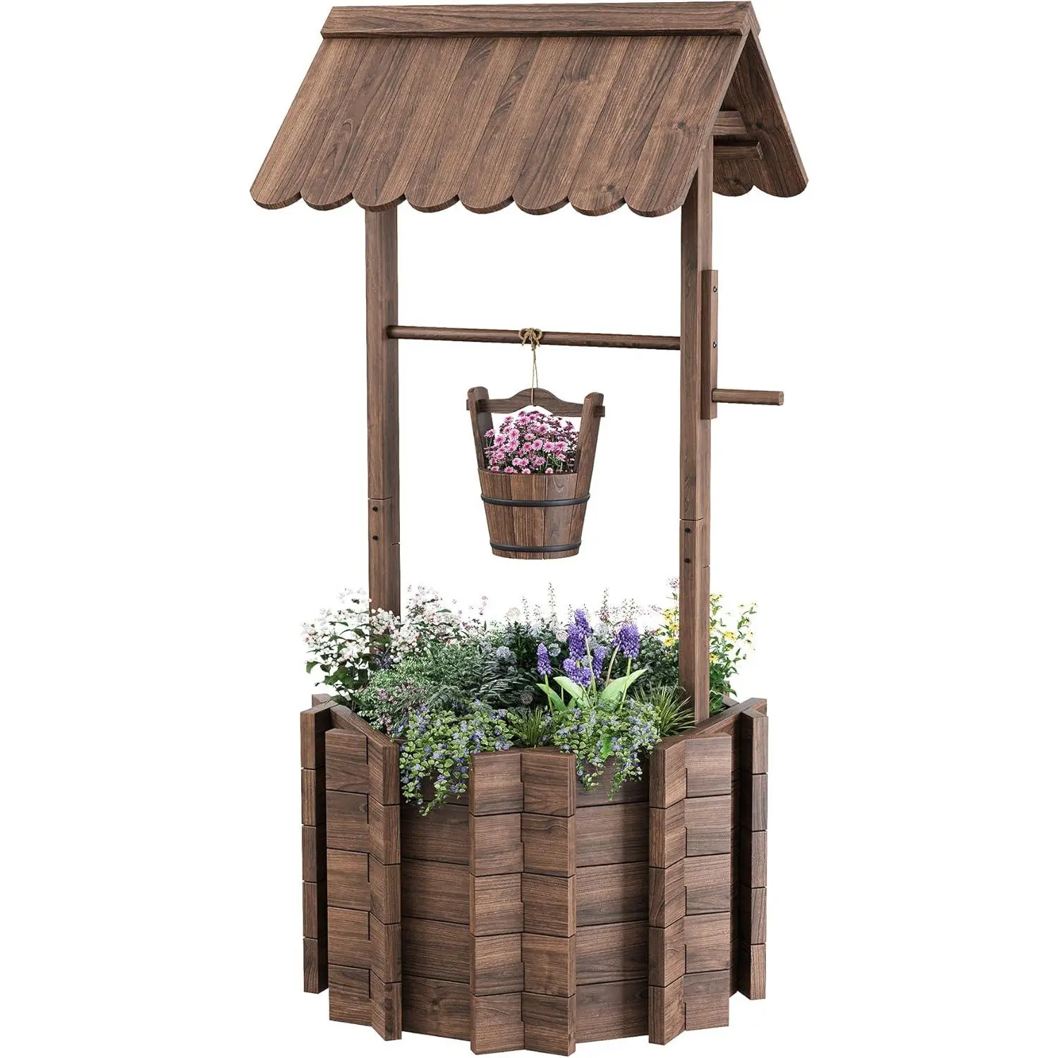Amopatio Greenish Spring Large Wooden Wishing Well, Rustic Garden Decor Outdoor Planter for Yard & Patio, Flower Well Cover with Adjustable Hanging Bucket