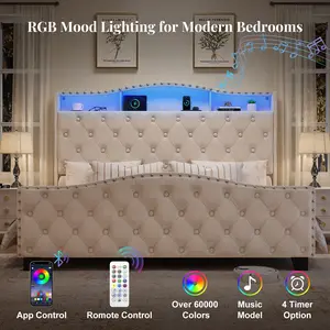 Belffin Queen/King Velvet Upholstered Bed Frame with LED Lights & Charging Station – Wingback Headboard, Storage Footboard, No Box Spring Needed, Noise-Free, Beige