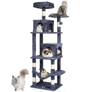 Cat Tree 63" Cat Tower With 2 Covered Condos, Large Sisal Scratching Post And Wrapped Post, Multi Level Indoor Cat Furniture In Light Grey, Stable Play Surface, Climbing Perches, Cozy Hideaway, Easy Assembly, Durable Wood Frame