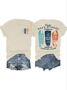 Women's Wave Rider Print Round Neck Graphic Tee, Vintage Trendy Casual Streetwear Short Sleeve Fitted T-shirt for Daily Wear, Ladies Summer, Top