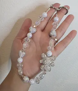 White Hearts and Bear Design with White Rhinestone Hearts and Crystal Glass Beads Elegant Delicate Charm Accessory