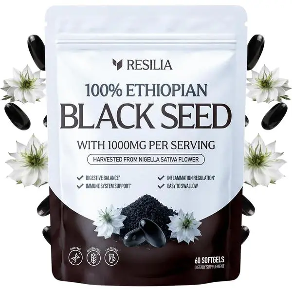 Resilia Ethiopian Black Seed Softgels 1000mg Per Serving – Premium Nigella Sativa Seed Oil Supplement – Digestive & Immune Support Formula – Easy to Swallow Soft Capsules (60 Count)