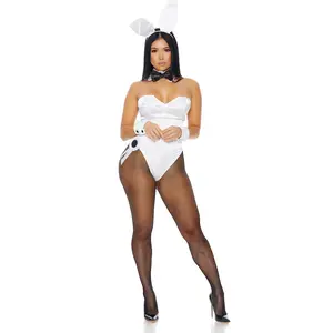 Adult Women's Bunny Hop Costume - White Bodysuit with Ears Collar Cuffs & Ribbon - 90% Polyester 10% Spandex Fabric - Zip Back Closure