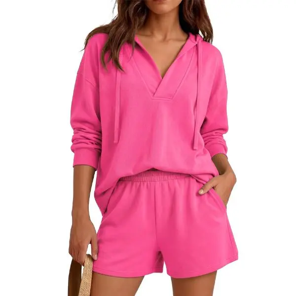 Fisoew Womens 2 Piece Lounge Matching Sets Hoodies and Shorts Sweatsuits | Long Sleeve, V Neck, Two Piece, Oversized, Pullover Sweatshirts, Tracksuit, Active, Athleisure, Fall Outfit, Travel Vacation
