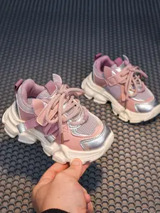 Fashion Rainbow Colorblock Lace-Up Sneakers for Kids, Thick Sole Dad Shoes, Girls' Casual Low Top Sports Shoes, Simple Stylish Design, Lace Up Trainers, Casual Trendy Trainers, Thick Soled Trainers