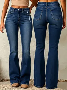 Women's Mid-Rise Bootcut Ripped Distressed Stretch Denim Jeans - Womenswear Bottom for Casual Daily Wear