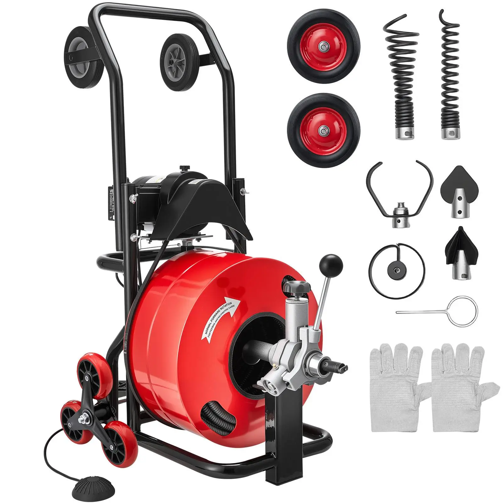 【BackToSchool】VEVOR Auto Feed Sewer Snake Auger Drain Cleaner Machine, 100 FT x 3/4 Inch Pipe Cleaning Tool with Multi-Wheel Combination, 6 Cutters & Air-Activated Foot Switch for 4"-8" Pipes, Auto Feed Auger, Wheels + Cutters