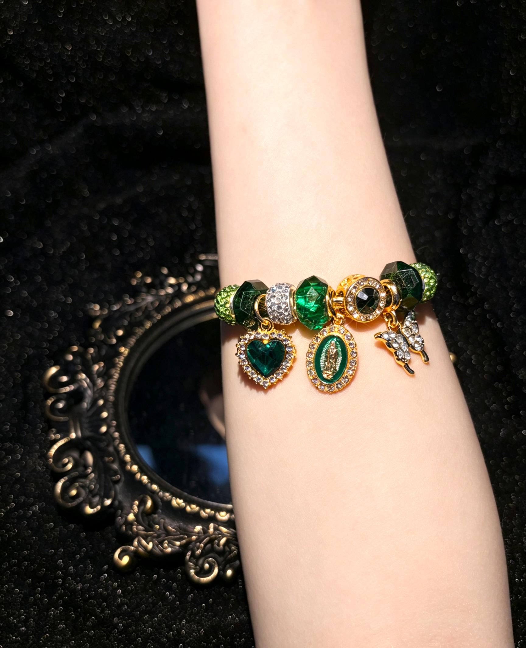 Women's Gold-Tone Emerald Green Heart Virgin Mary Butterfly Charm Bracelet - Sparkling Rhinestone Beaded Snake Chain Vintage Religious Statement Jewelry Gift