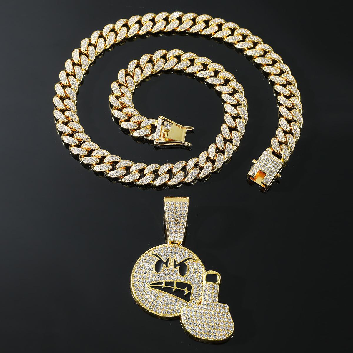 HIP-HOP Style Emoji  Angry Middle Finger Emoji Ice Jewelry Necklace Pendant , 2-Piece Set, Quirky Pendant + Cuban Chain Necklace