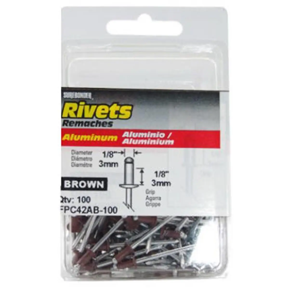 Surebonder FPC42AB-100 Short Brown Aluminum Rivets, 100-Pack, 1/8" Dia., Mandrel, 0.21 in., 0.21 L x 4 W x 3 H in - Sailing Water Sports Hardware, 1/8 In. Diameter