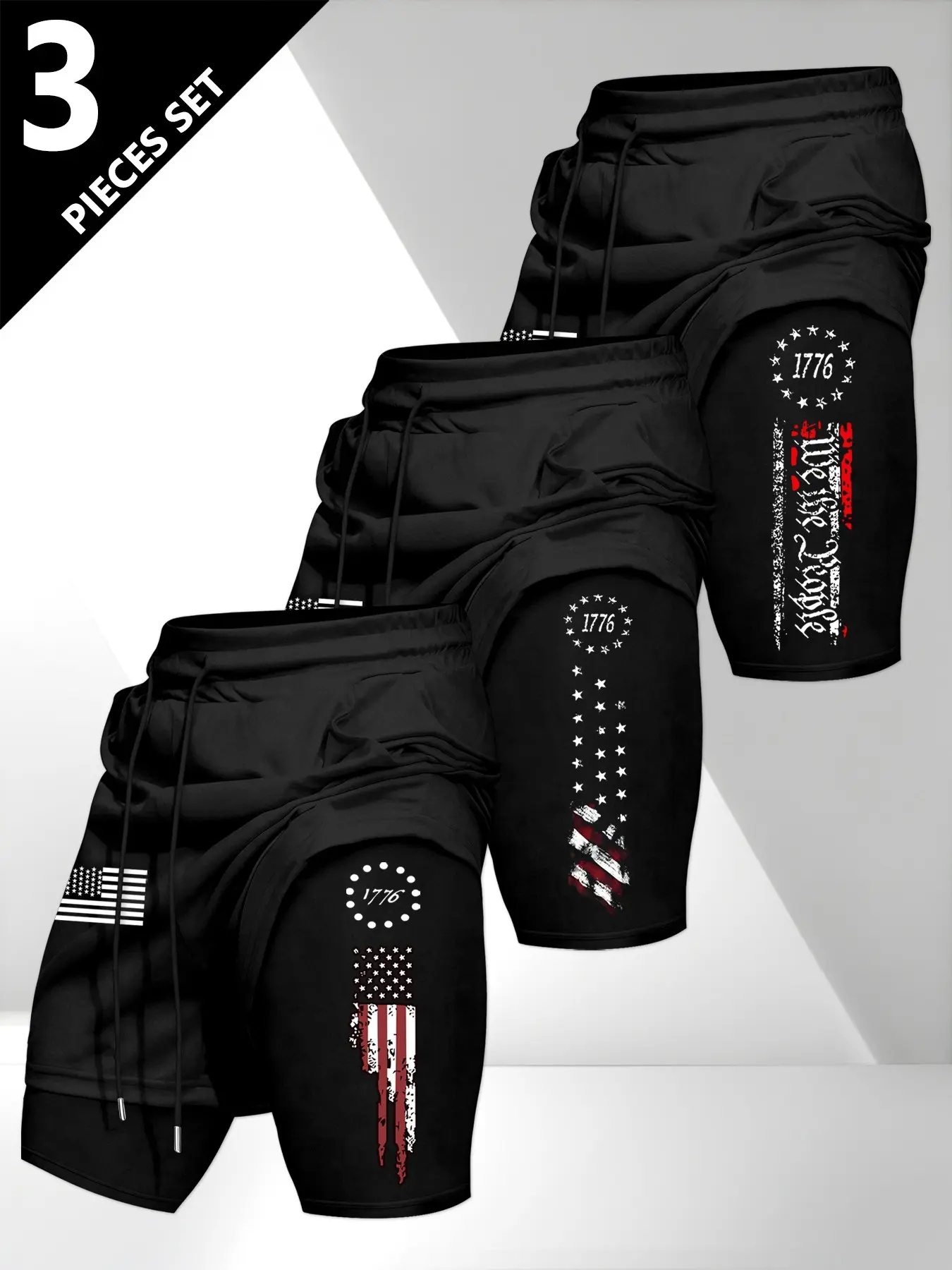 Men's Sporty Shorts Set, Athletic Shorts, Activewear Shorts, Active Athletic Shorts, Fitness Workout Shorts, Workout Exercise Shorts, Breathable Fabric Design, American Flag Pattern, Ideal for Gym & Outdoor Activities, Durable Material