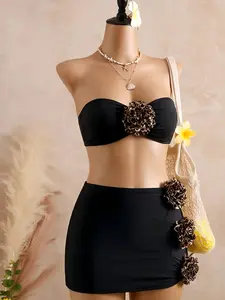 Three-Piece Leopard Print Flower Bikini Set, Swim Top Set, Elegant Comfortable Swimwear, Perfect for Poolside and Beach, Women's Swimsuit